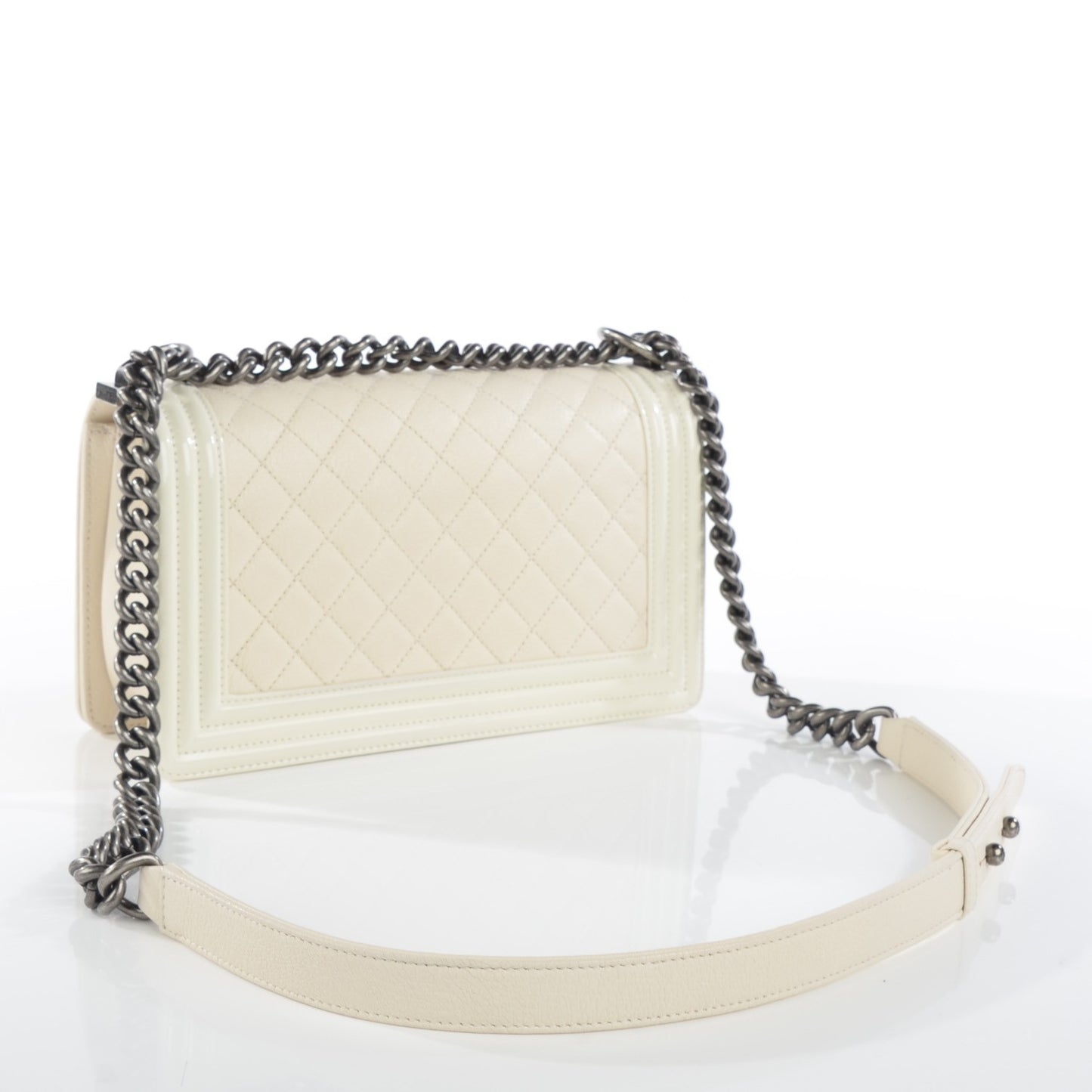 Goatskin Quilted Patent Medium Duo Boy Flap Ecru