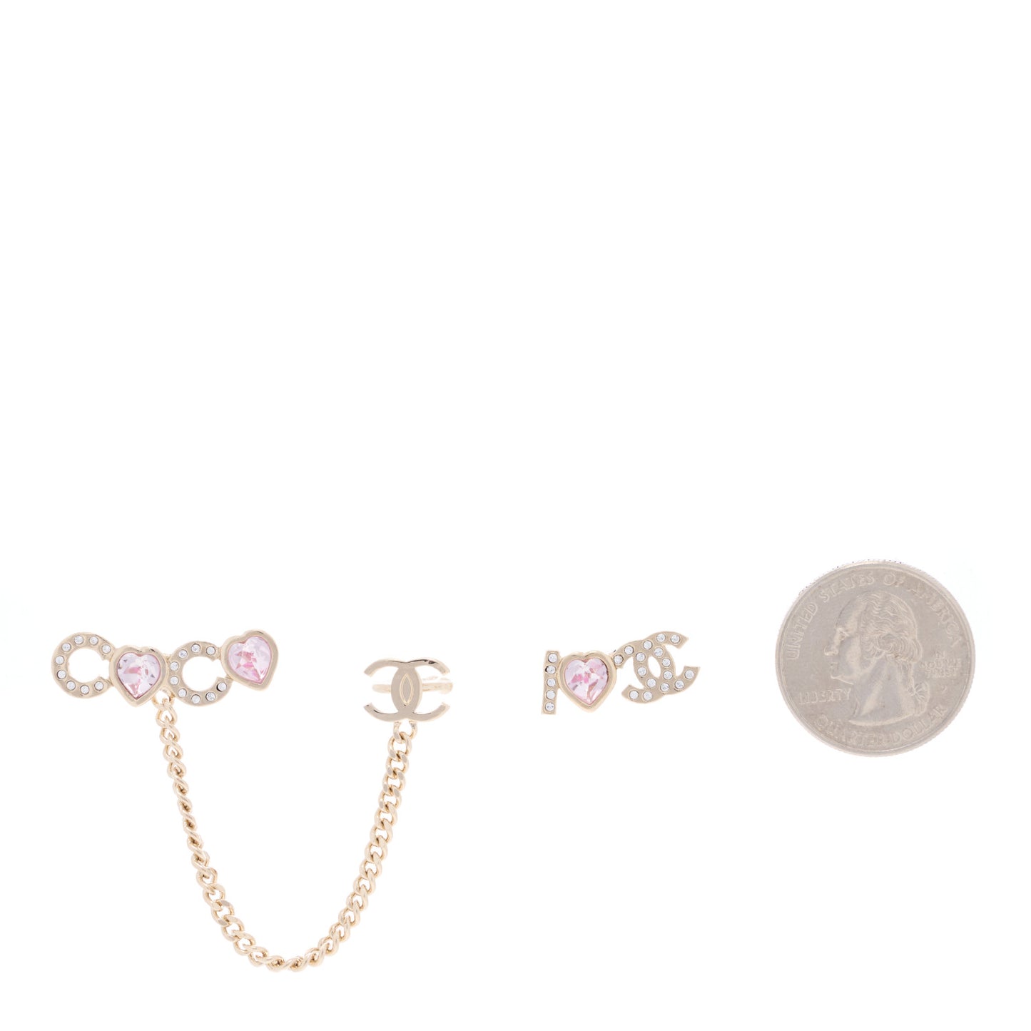 Metal Strass I Love Coco Heart Chain Climber Earrings Gold Pink