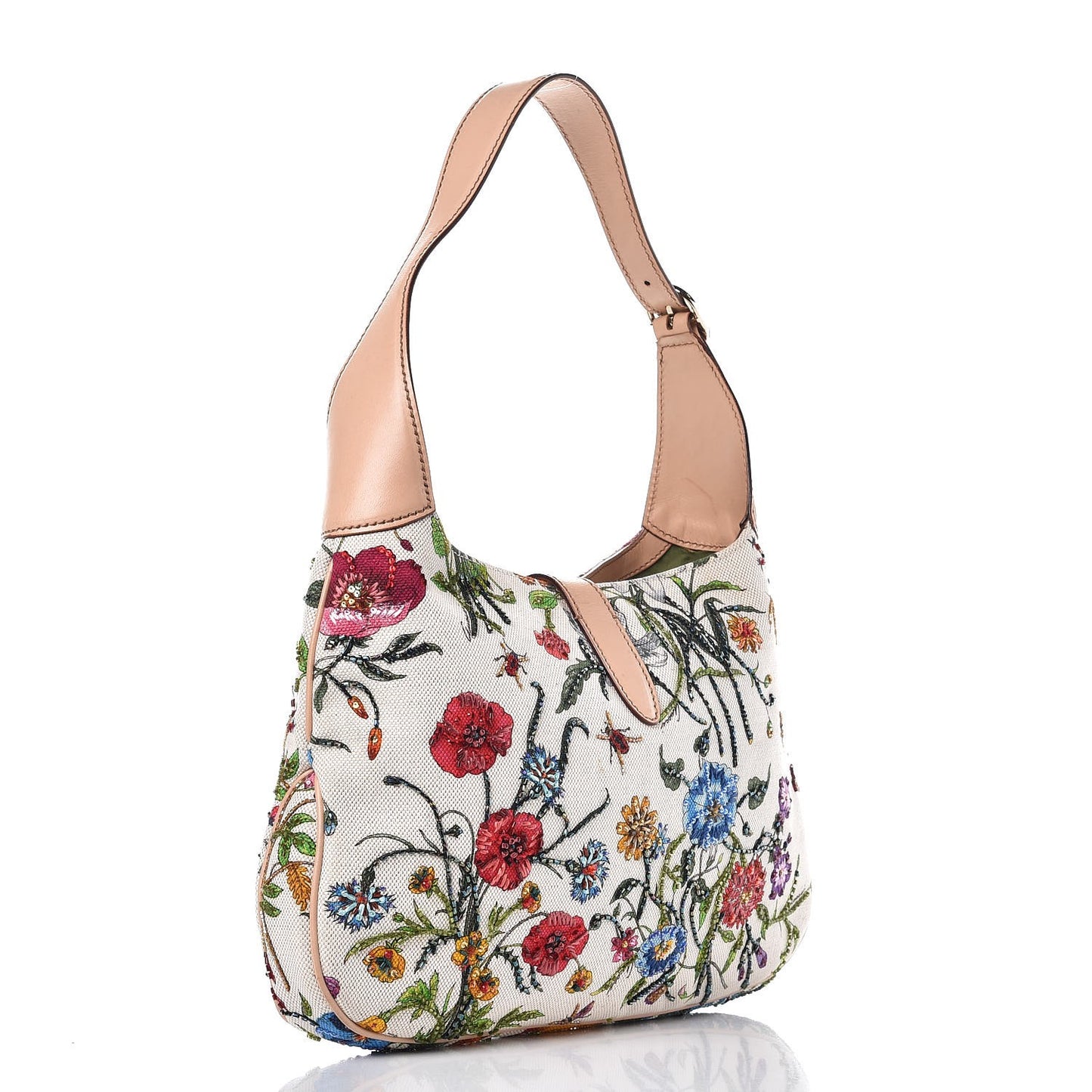 Canvas Beaded Floral Flora Small Jackie O Hobo White