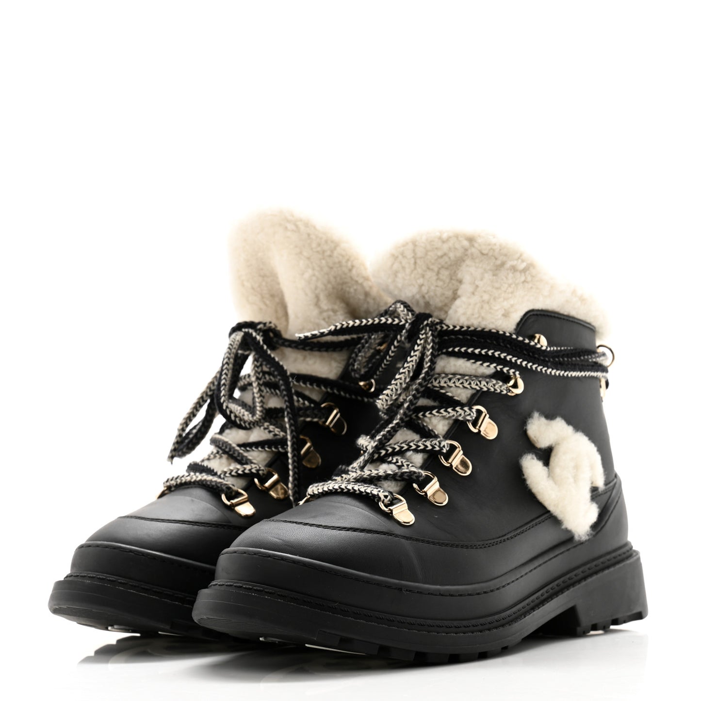 Calfskin Shearling CC Lace Up Boots 36.5 Black