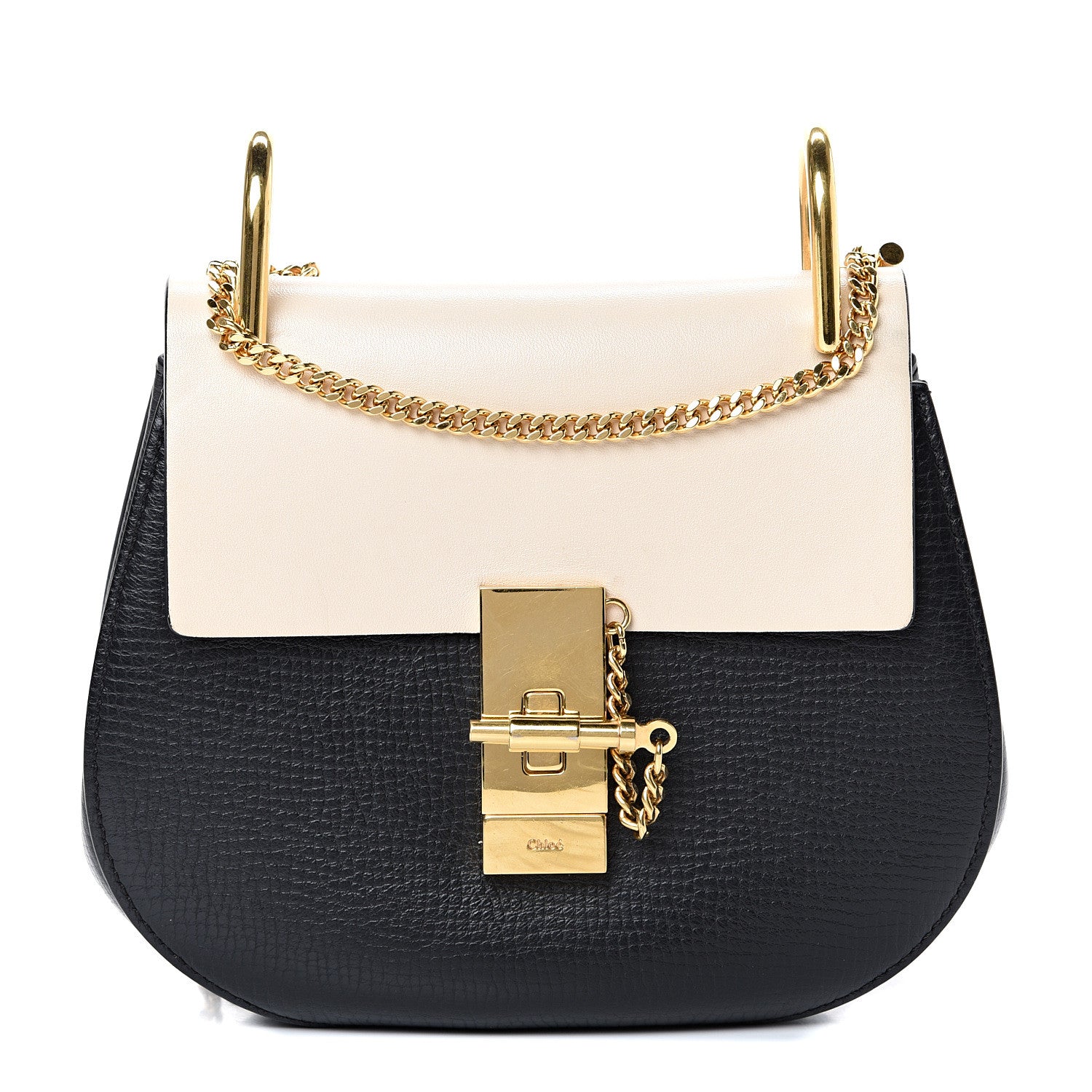 Chloe Grained Calfskin Lambskin Mini Bi-Color Drew Shoulder Bag Black Powder Beige 1 of 13