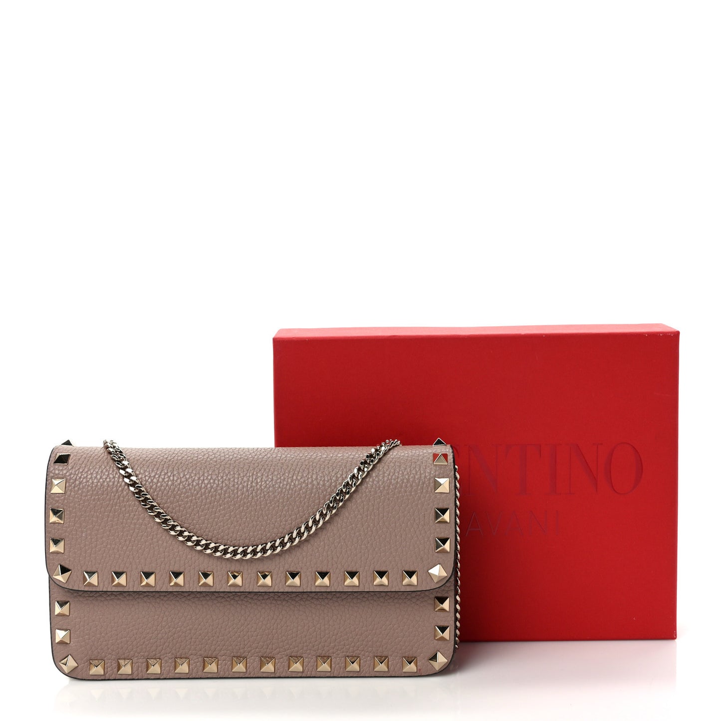Pebbled Calfskin Rockstud Flap Wallet On Chain Poudre