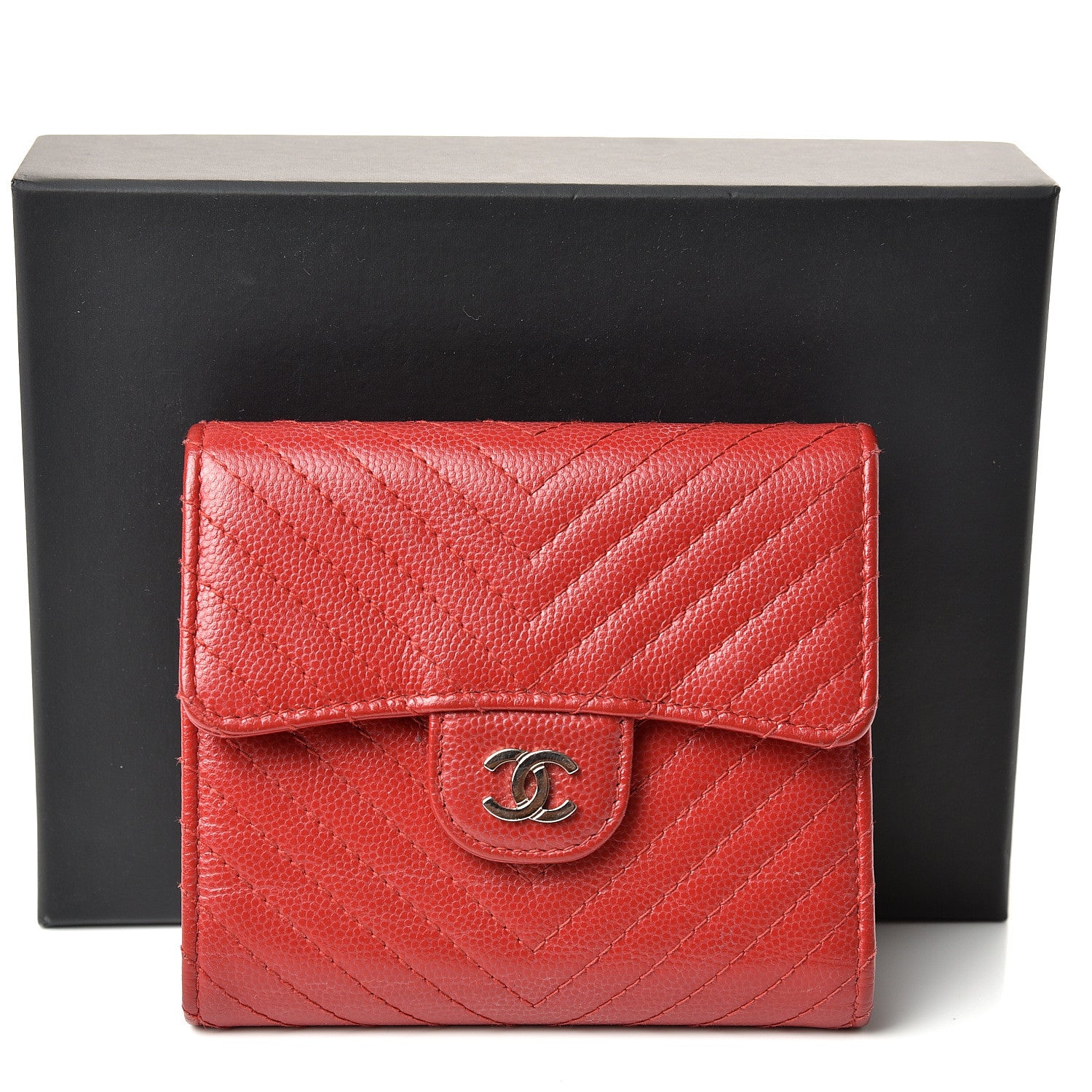 Chanel Caviar Chevron Quilted Compact Flap Wallet Dark Red 11 of 11