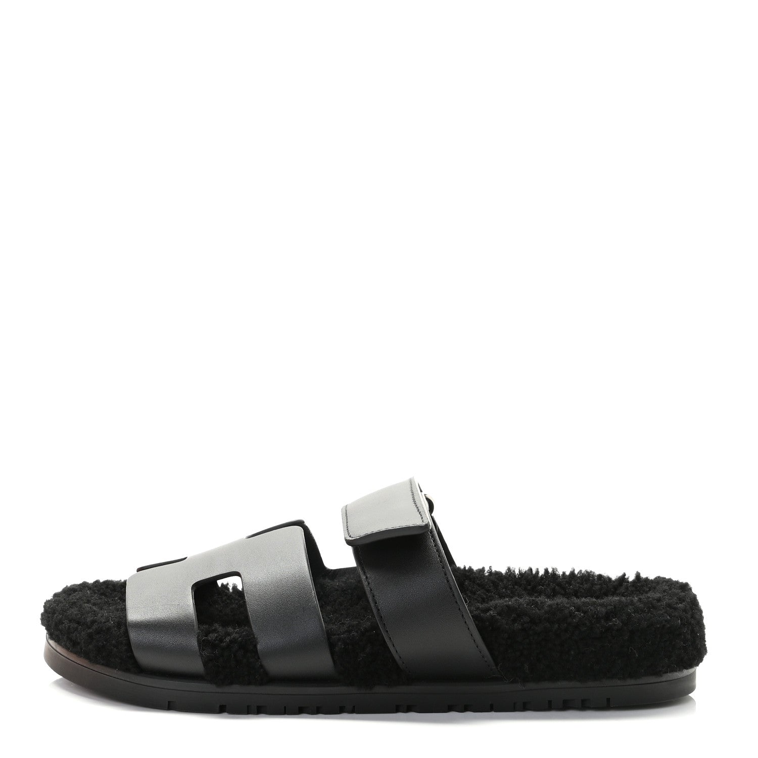 Hermes Calfskin Woolskin Womens Chypre Sandals 37 Black 1 of 9