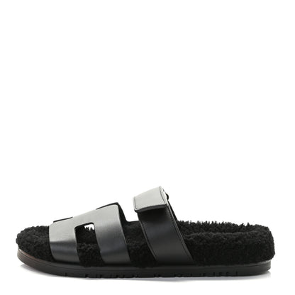 Hermes Calfskin Woolskin Womens Chypre Sandals 37 Black 1 of 9