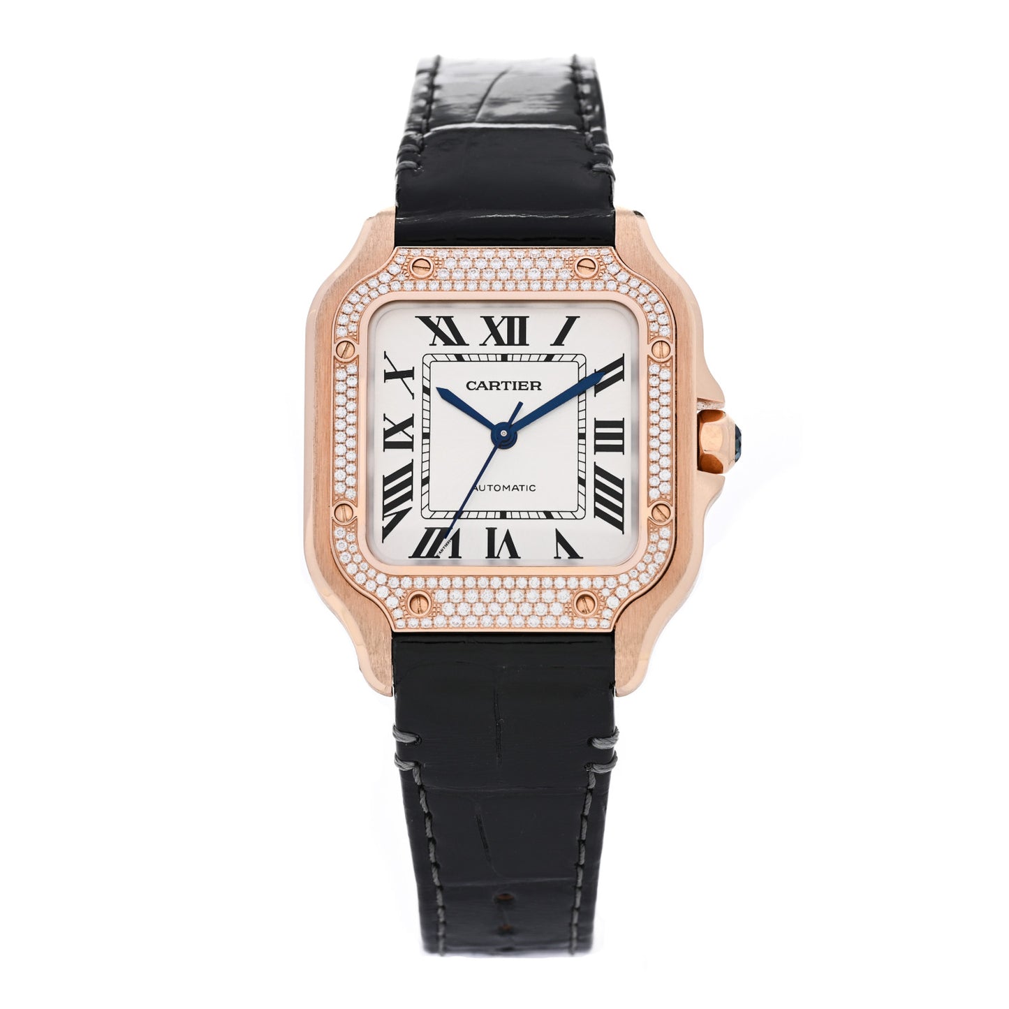 18K Pink Gold Alligator Diamond Bezel 35mm Santos Dumont Automatic Watch Black