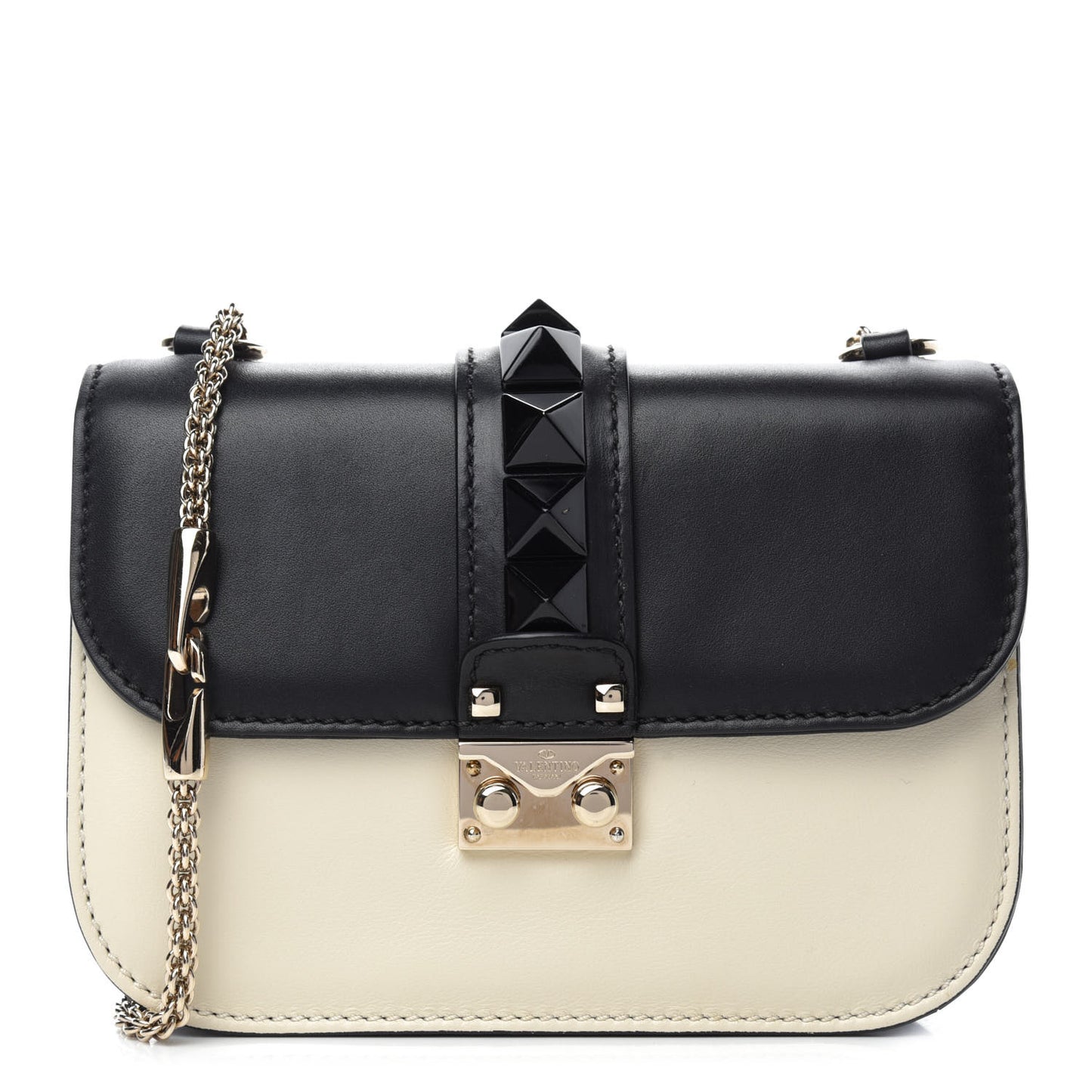 Vitello Small Glam Lock Rockstud Flap Black Light Ivory