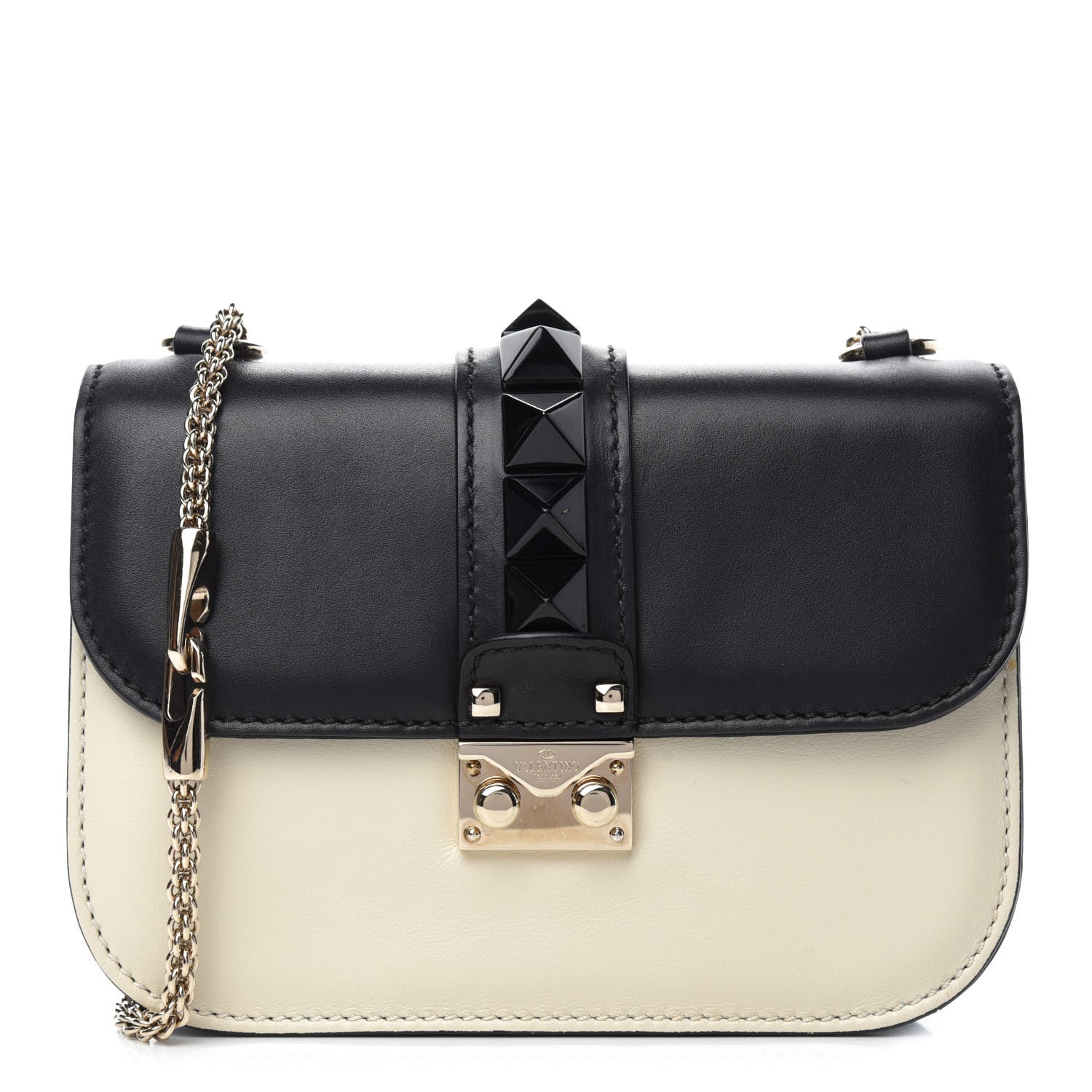 Valentino Garavani Vitello Small Glam Lock Rockstud Flap Black Light Ivory 1 of 12