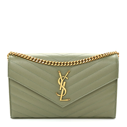 Saint Laurent Grain De Poudre Matelasse Chevron Monogram Chain Wallet Light Sage 1 of 9