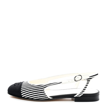 Chanel Fabric Grosgrain Cap Toe CC Slingback Flats 37.5 White Black 1 of 11