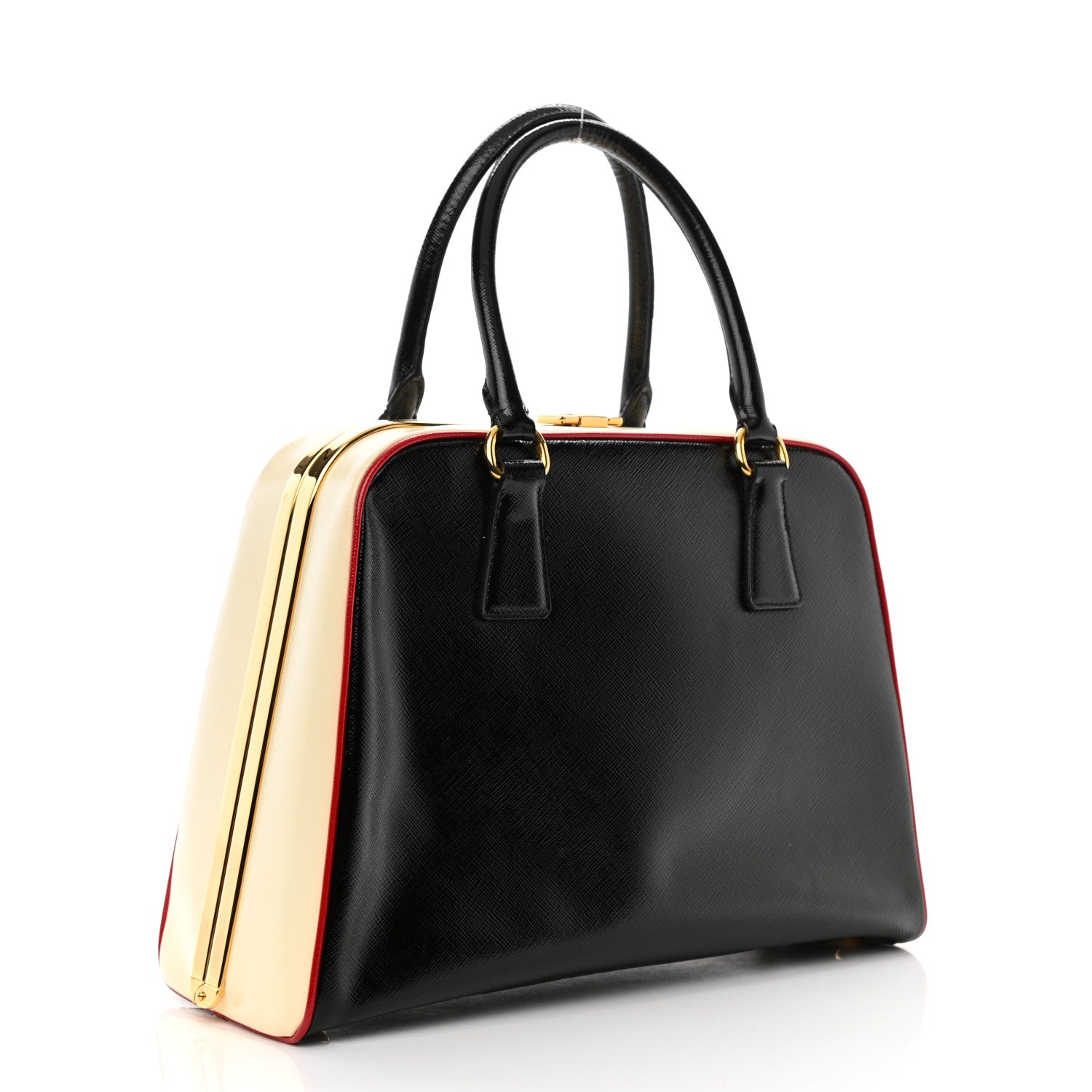 Prada Saffiano Vernice Pyramid Bag Black White Rosso 3 of 10