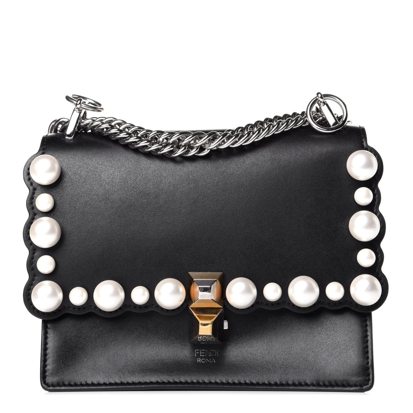 Vitello Liberty Pearl Scalloped Studded Small Kan I Shoulder Bag Black