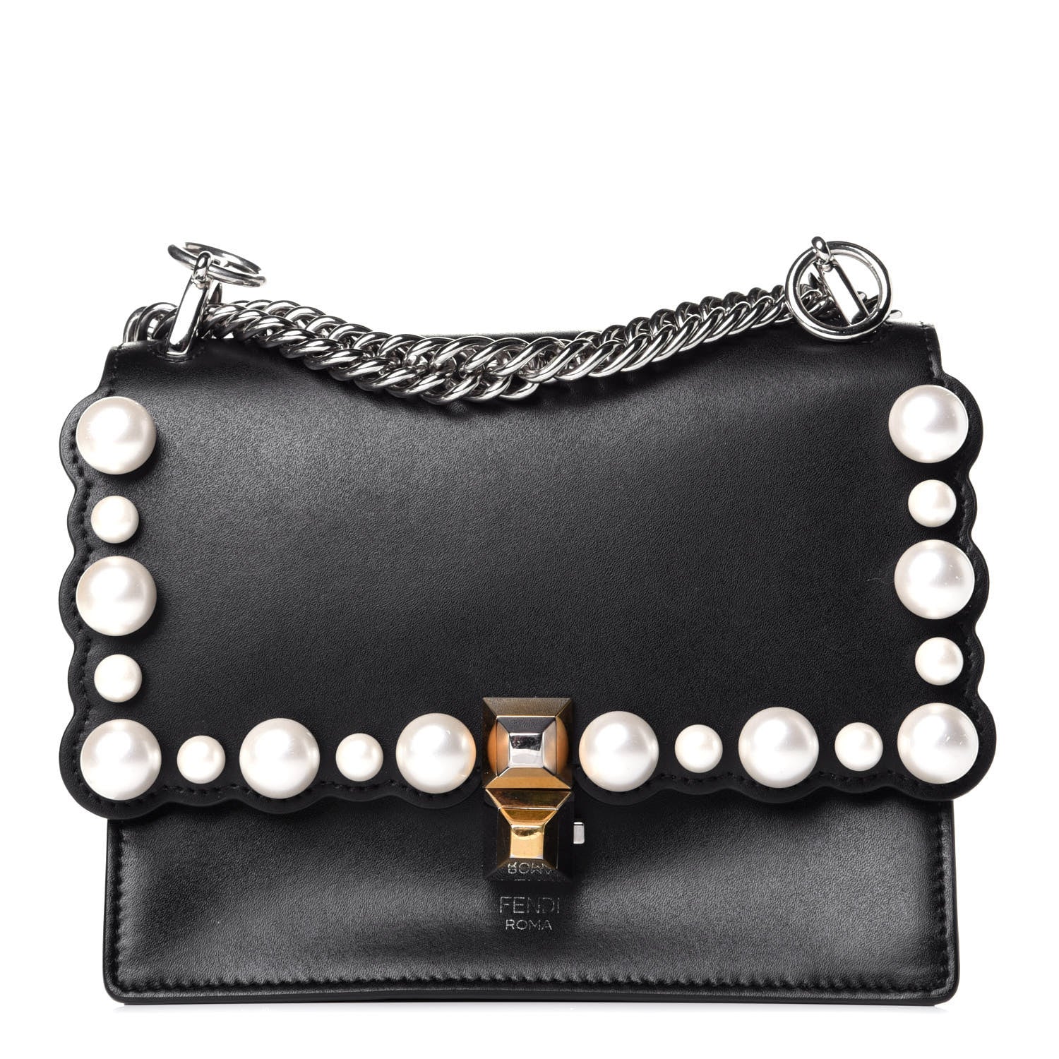 Fendi Vitello Liberty Pearl Scalloped Studded Small Kan I Shoulder Bag Black 1 of 9