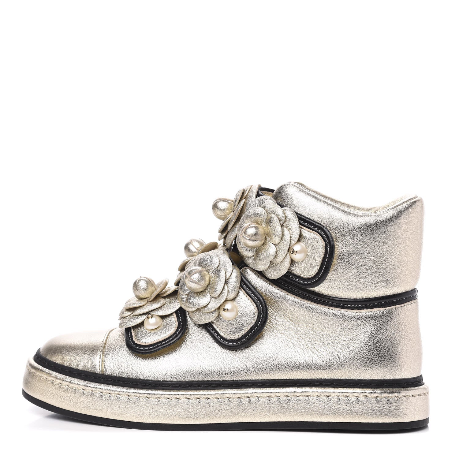 Chanel Metallic Lambskin Camellia High Top Sneakers 36 Gold 1 of 9