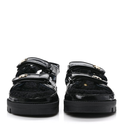 Chanel Laminated Lambskin Shearling Crystal CC Velcro Dad Platform Sandals 38 Black 2 of 8