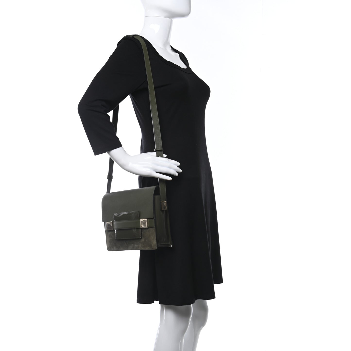 Patent Calfskin Suede PM Madame Shoulder Bag Kaki