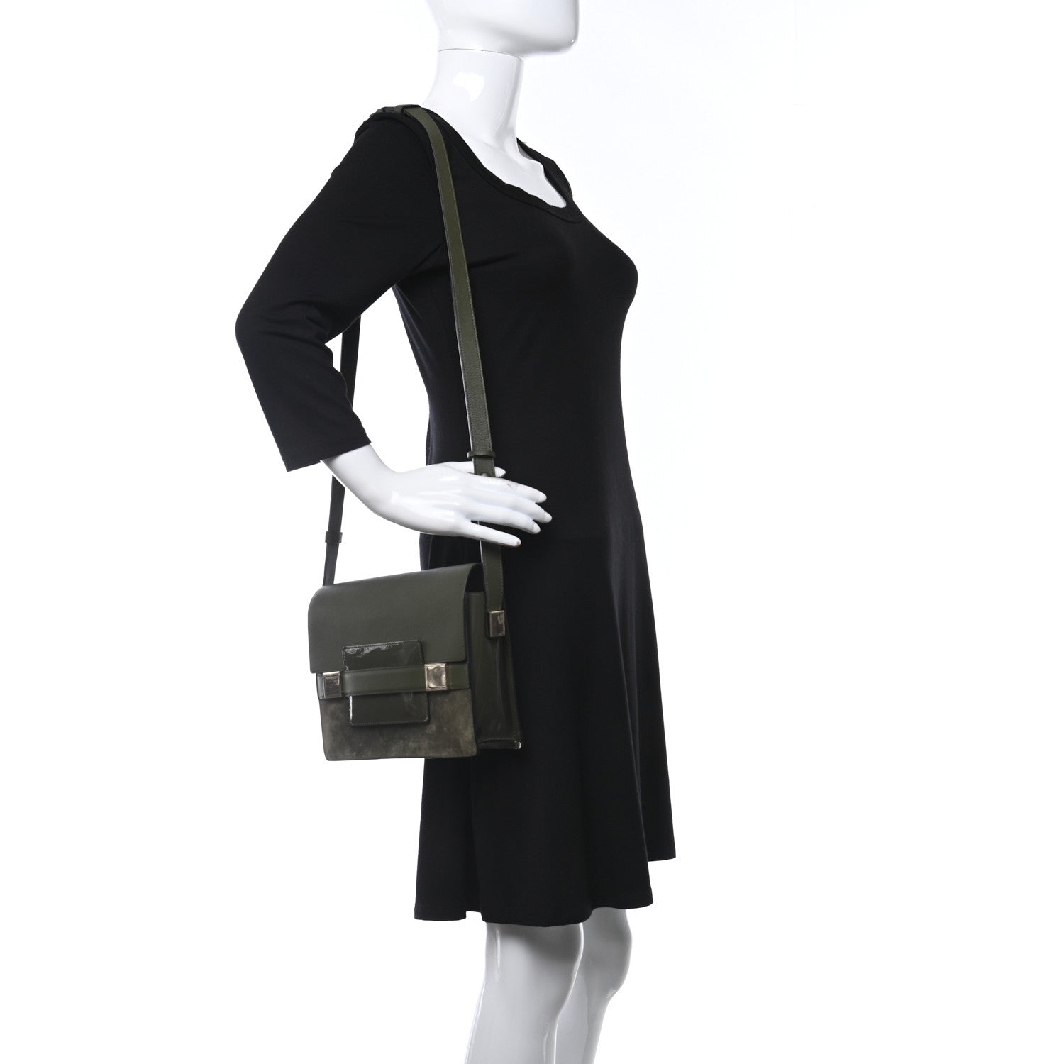 Delvaux Patent Calfskin Suede PM Madame Shoulder Bag Kaki 3 of 8