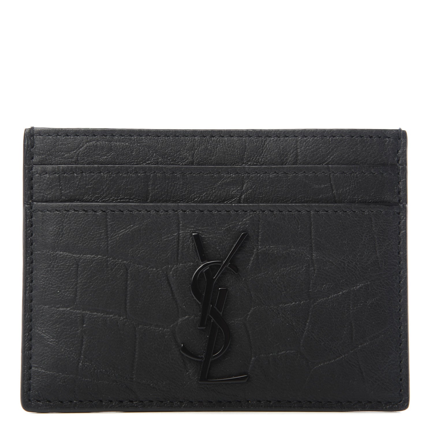 Saint Laurent Calfskin Crocodile Embossed Monogram Credit Card Case Black 1 of 6