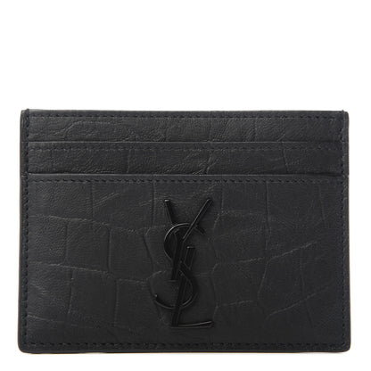 Saint Laurent Calfskin Crocodile Embossed Monogram Credit Card Case Black 1 of 6