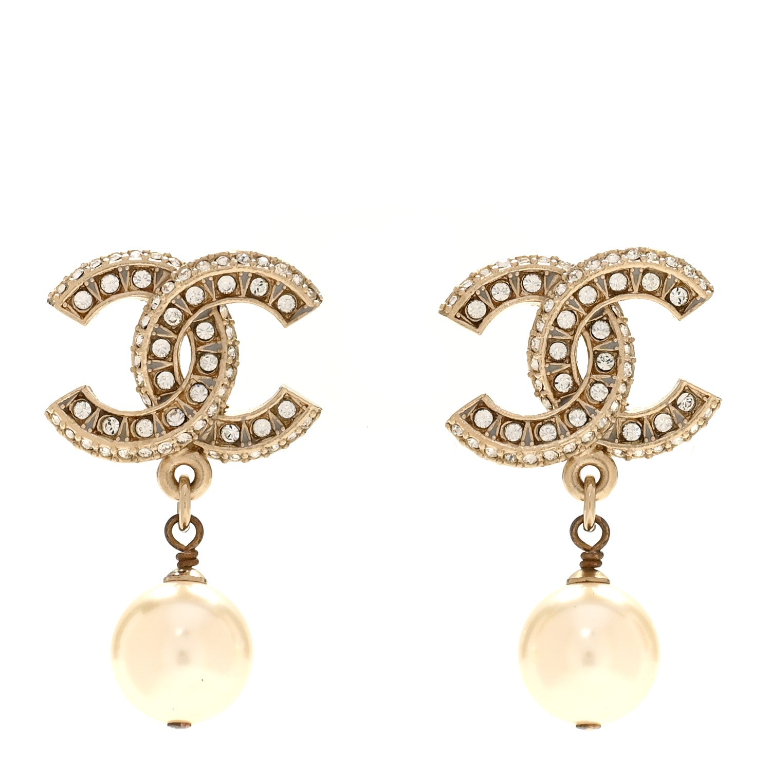 Chanel Crystal Timeless CC Pearl Drop Earrings Light Gold 1 of 5