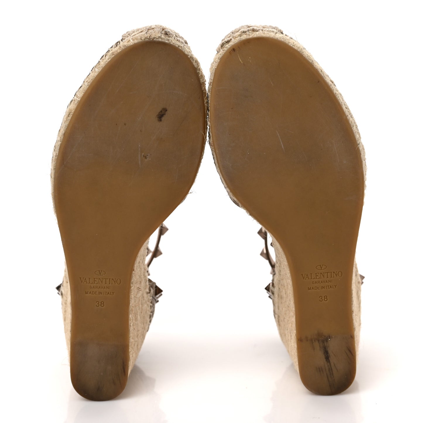 Metallic Grained Calfskin Rockstud Ankle Wrap Espadrille Wedges 38 Skin