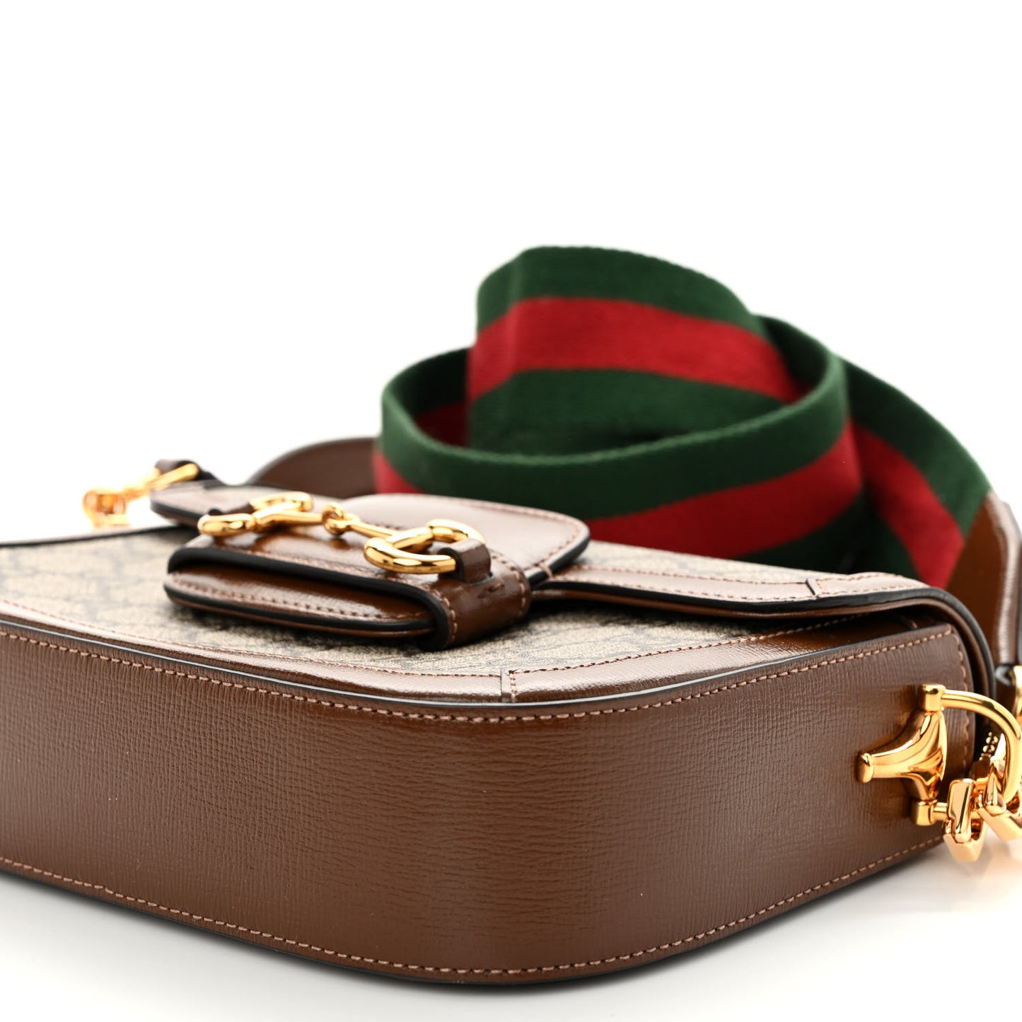 GG Supreme Monogram Azalea Calfskin Web Mini Horsebit 1955 Shoulder Bag Beige Ebony Brown Sugar