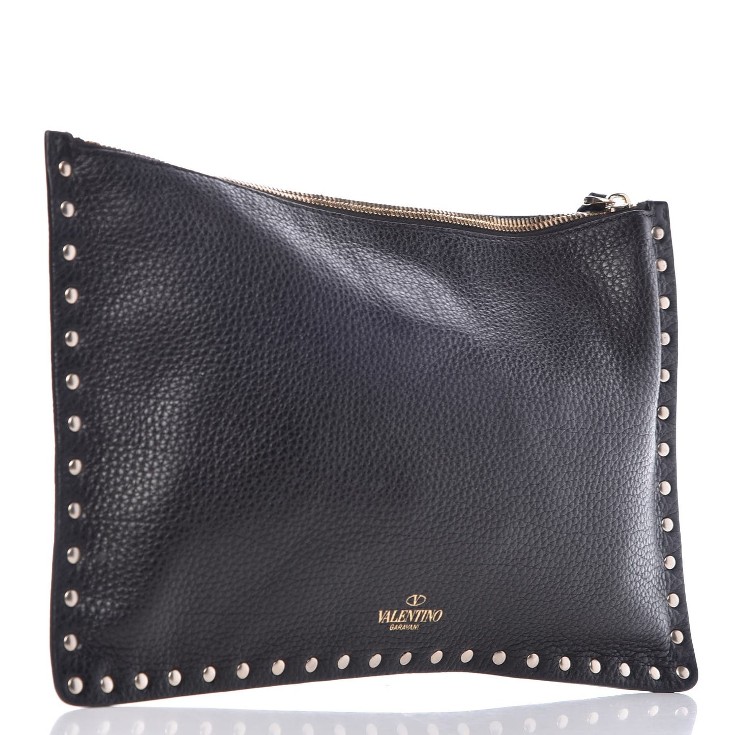Pebbled Calfskin Large Rockstud Zip Pouch Black