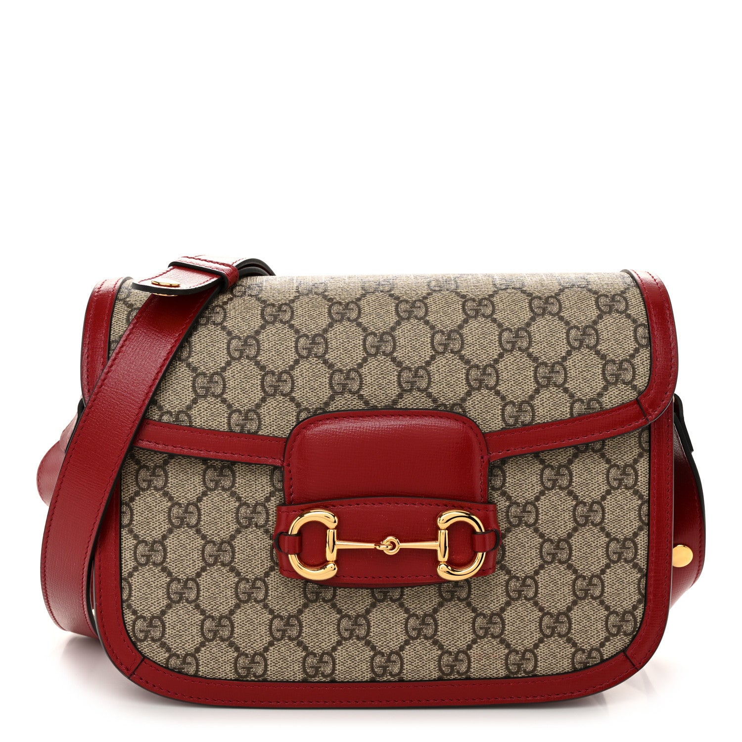 Gucci GG Supreme Monogram Azalea Calfskin Horsebit 1955 Shoulder Bag Beige Ebony New Cherry Red 1 of 11