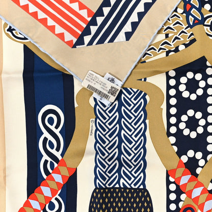 Hermes Silk Fantaisie D'etriers Scarf 90 Creme Marine Rouge 3 of 3