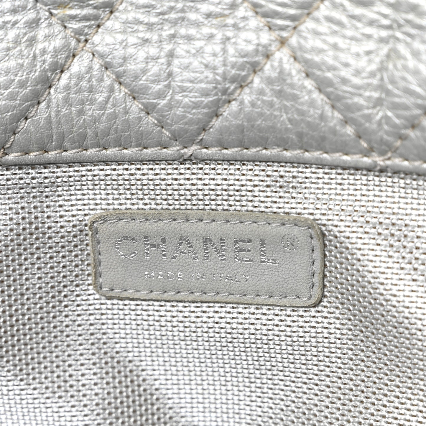 Metallic Calfskin Quilted XXL Travel Flap Bag Silver