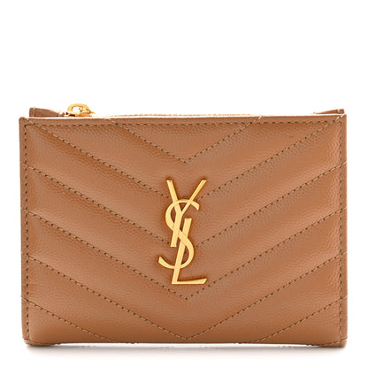 Saint Laurent Grain De Poudre Matelasse Chevron Monogram Zipped Card Case Natural Dark 1 of 8