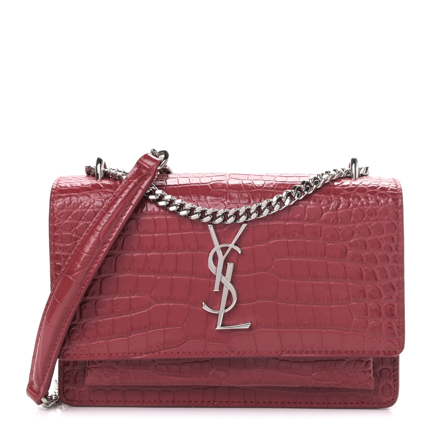 Saint Laurent Calfskin Crocodile Embossed Monogram Sunset Chain Wallet Rouge Eros 1 of 4