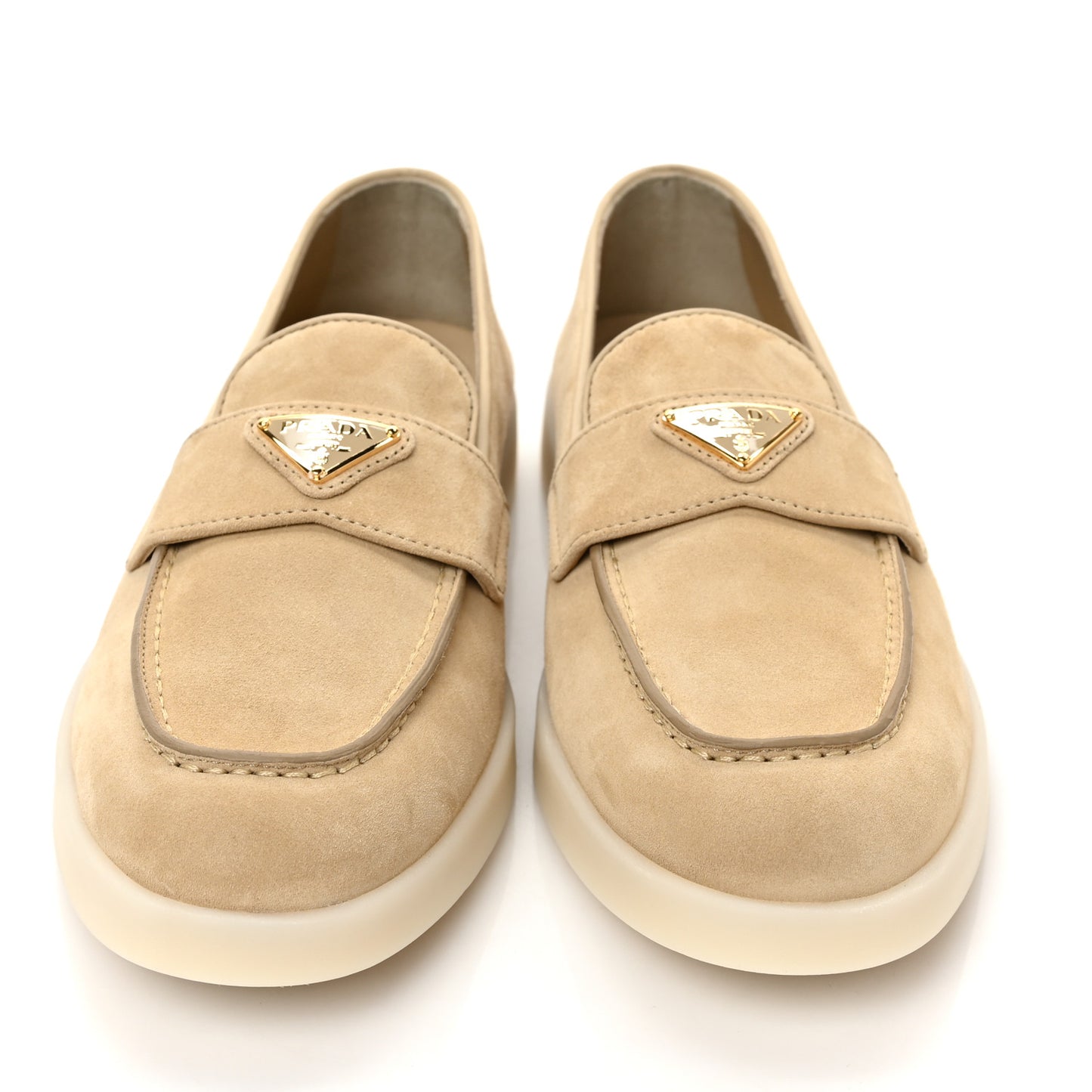 Vitello Scamosciato Metal Triangle Logo Saint Tropez 25mm Loafers 40 Ecru