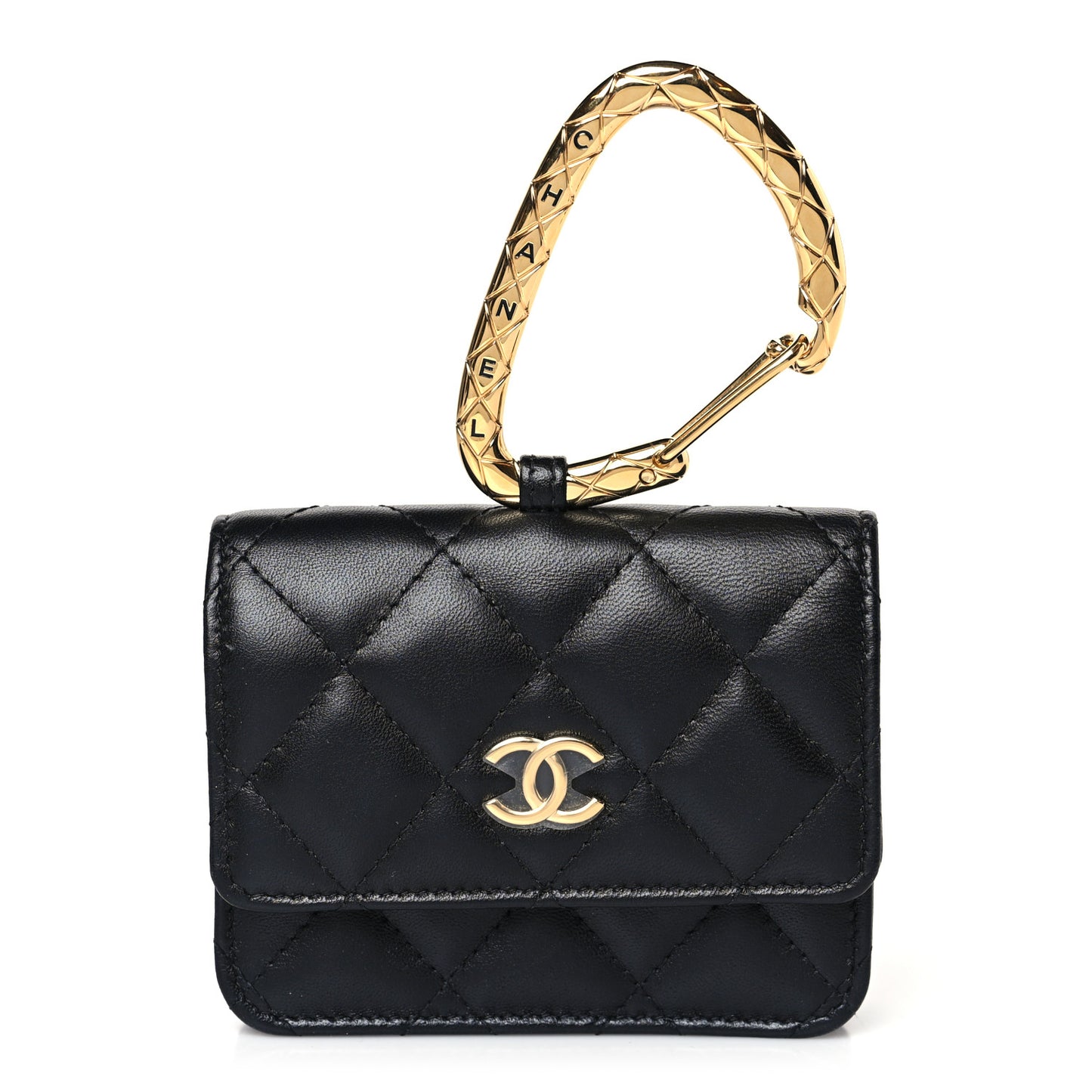Lambskin Quilted CC Hook Card Holder Black