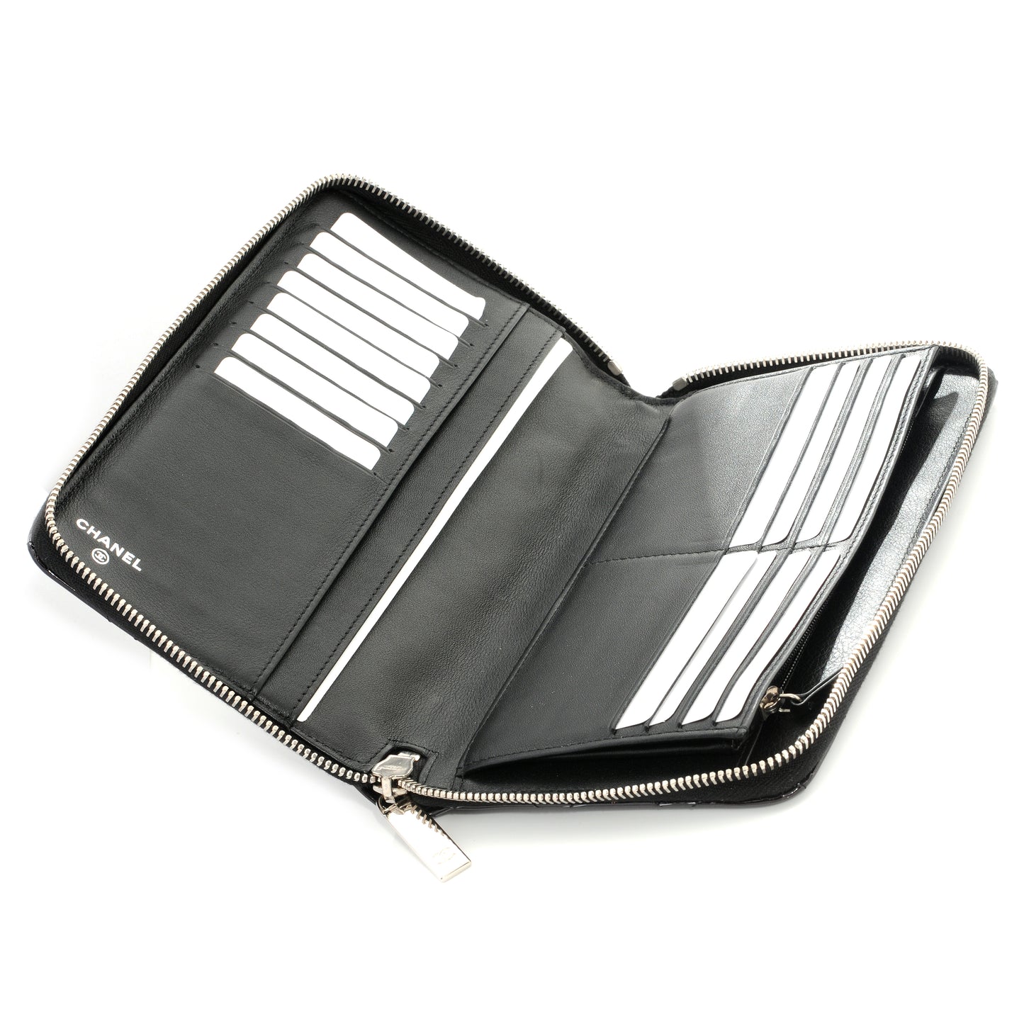 Patent Quilted Large Zip Around Wallet Black