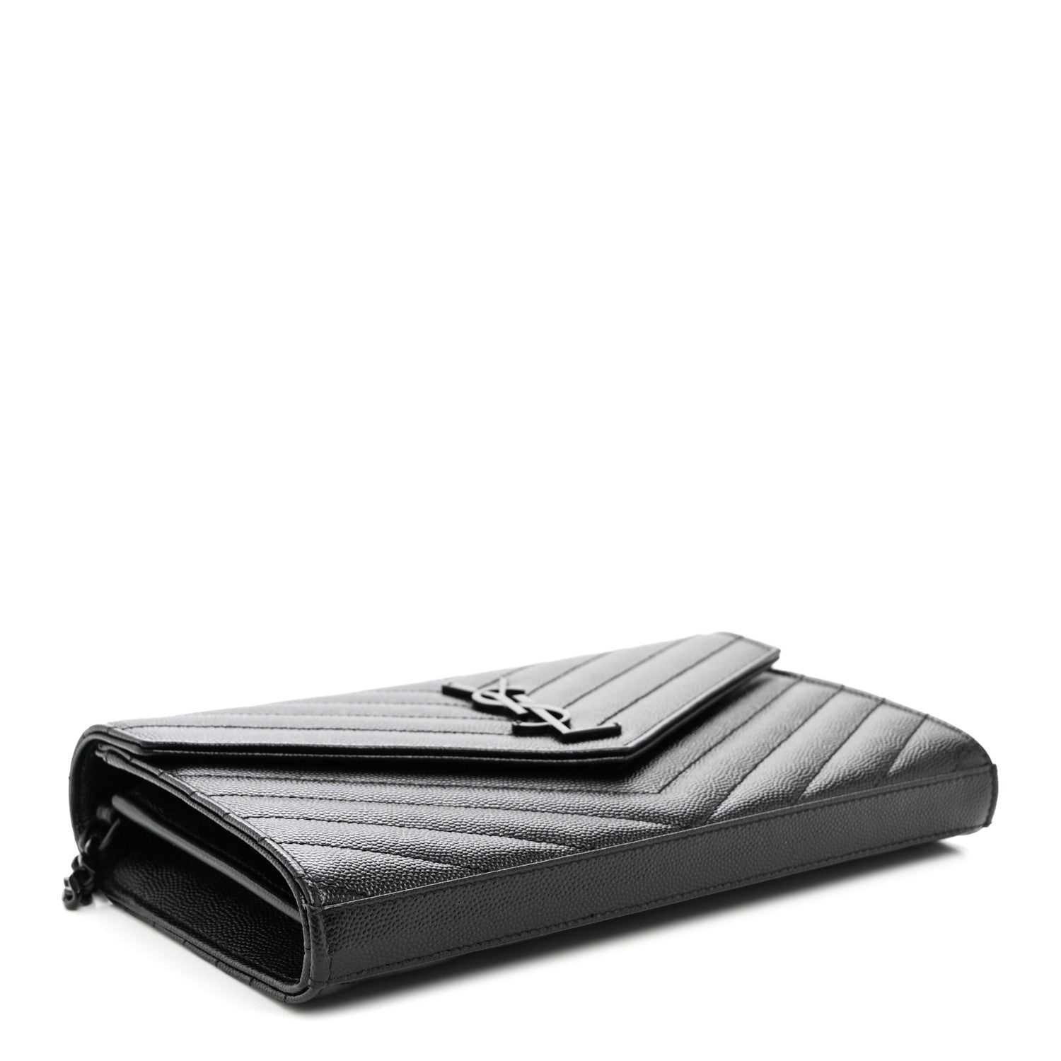 Saint Laurent Grain De Poudre Matelasse Chevron Monogram Monochrome Chain Wallet Black 4 of 10