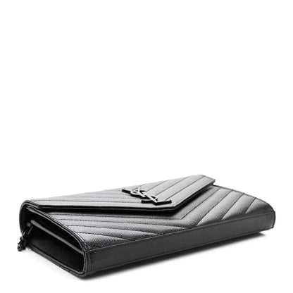 Saint Laurent Grain De Poudre Matelasse Chevron Monogram Monochrome Chain Wallet Black 4 of 10