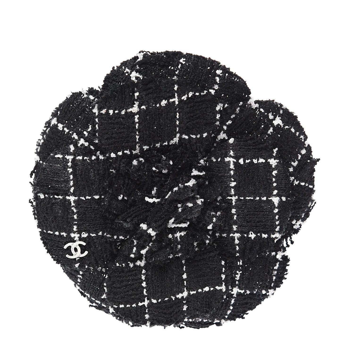 Chanel Tweed Camellia Brooch Black White 1 of 3