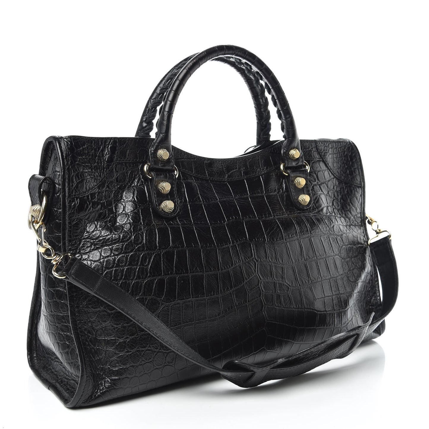Calfskin Crocodile Embossed Giant 12 Gold Hardware City Black