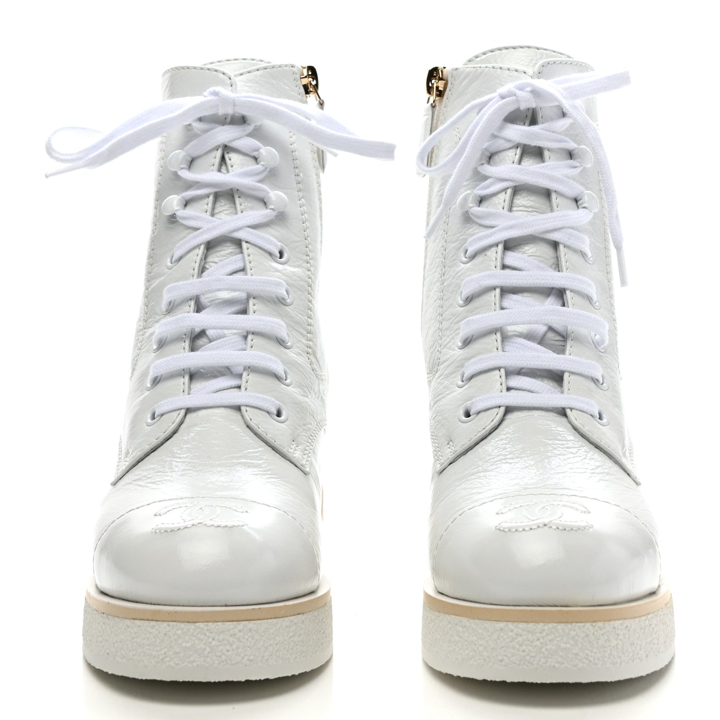 Shiny Crumpled Lambskin Lace Up Combat Boots 35.5 White