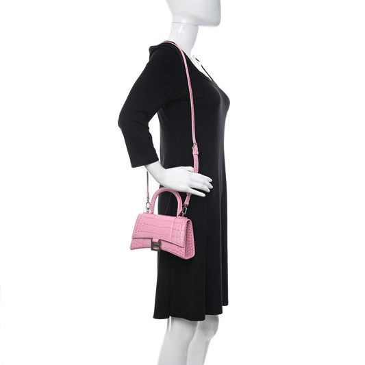 Shiny Calfskin Crocodile Embossed Hourglass Top Handle Bag XS Sweet Pink