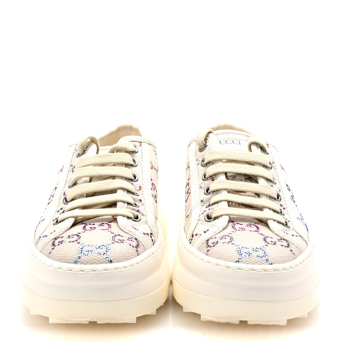 Canvas Lame Crystal GG Monogram Womens 1977 Tennis Sneakers 37.5 Gardenia Silver Mystic White