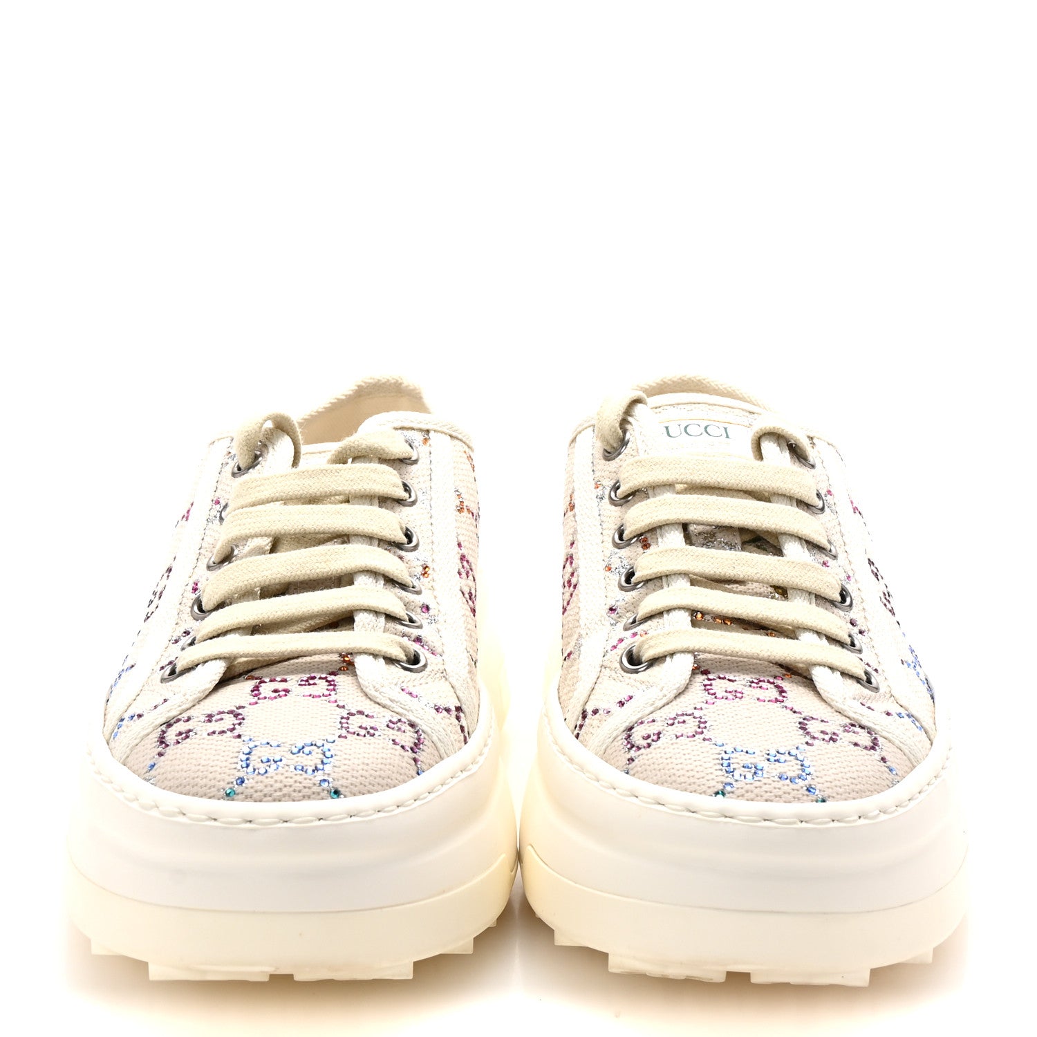 Gucci Canvas Lame Crystal GG Monogram Womens 1977 Tennis Sneakers 37.5 Gardenia Silver Mystic White 3 of 9