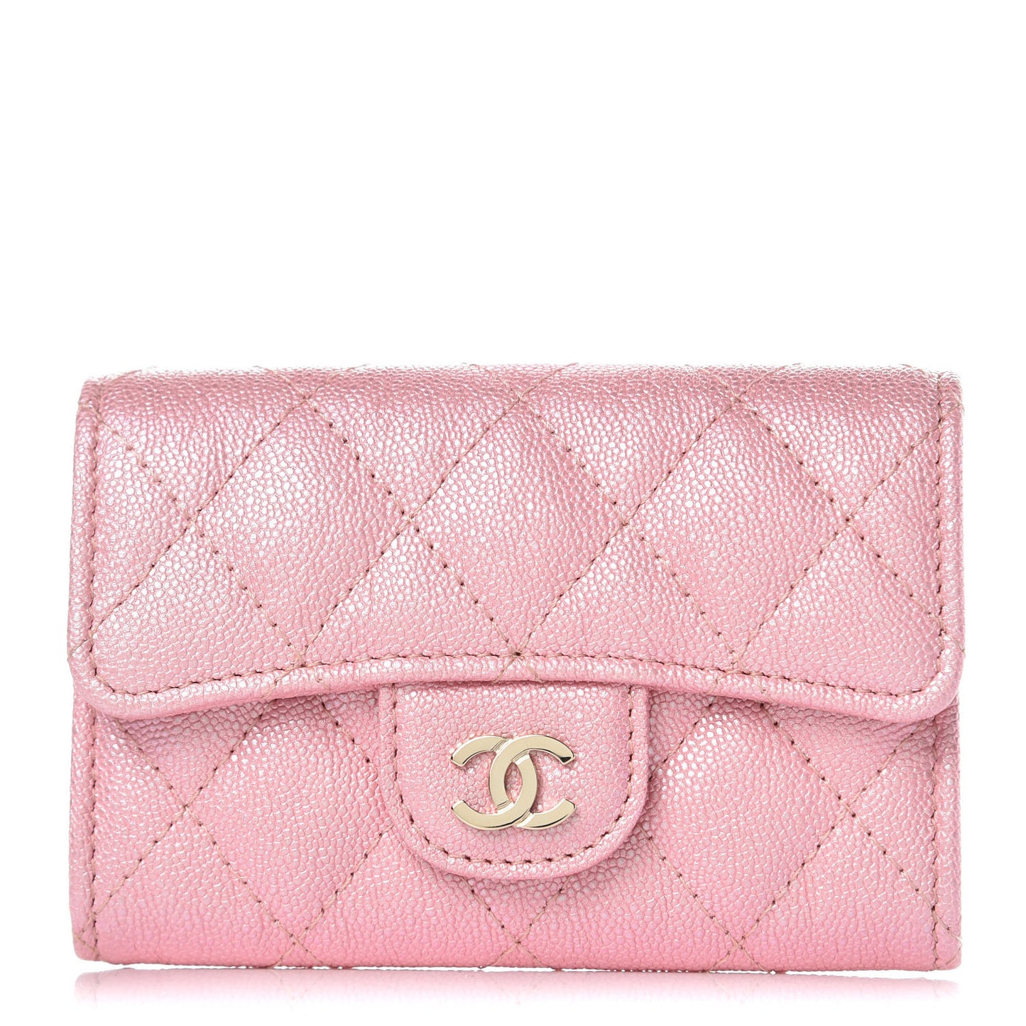 Iridescent Caviar Quilted Flap Card Holder Rose Pink