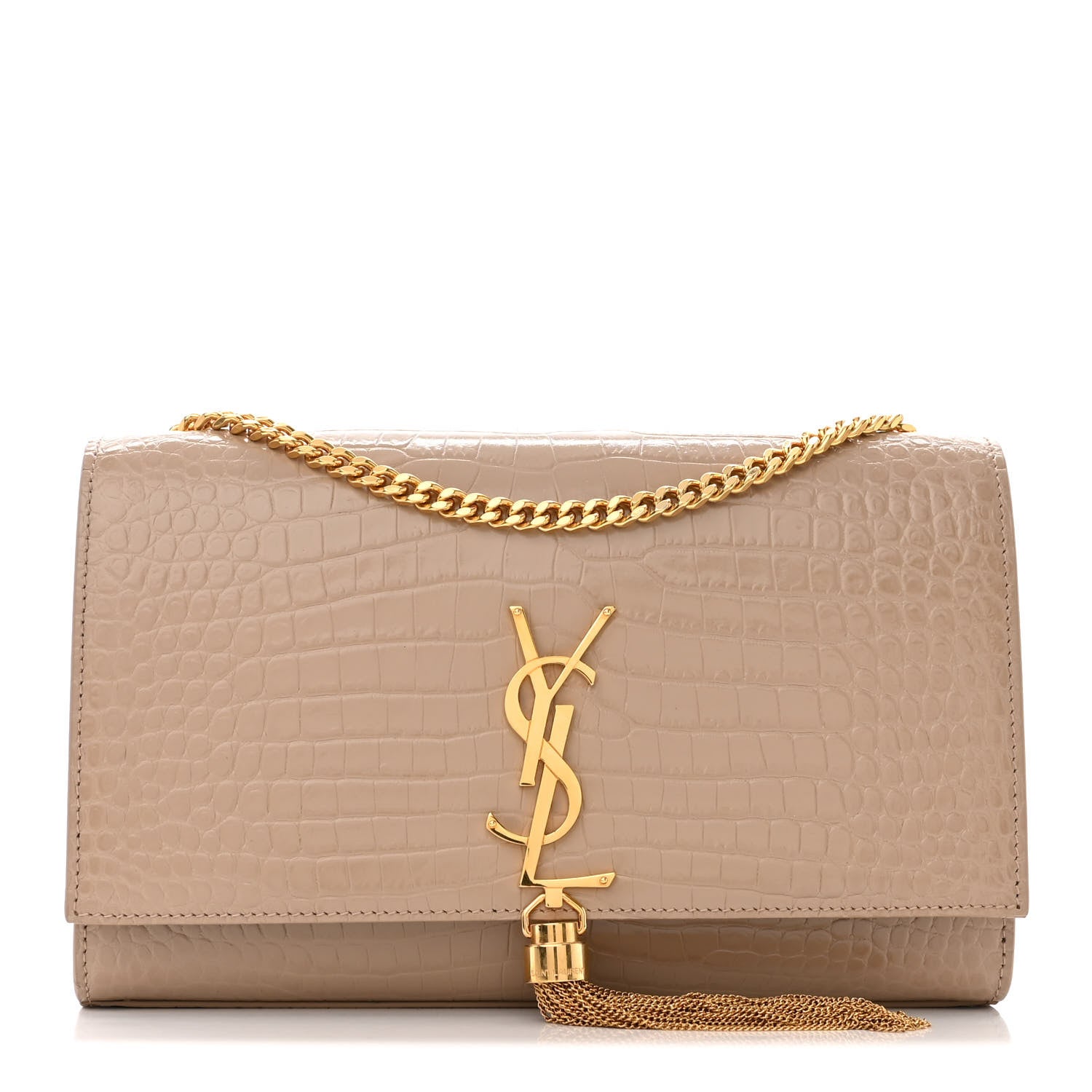Saint Laurent Calfskin Crocodile Embossed Medium Classic Monogram Kate Tassel Satchel Dark Beige 1 of 12