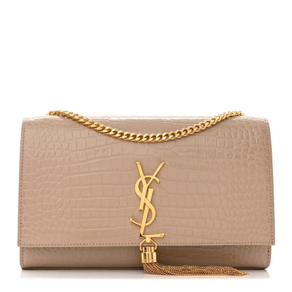 Saint Laurent Calfskin Crocodile Embossed Medium Classic Monogram Kate Tassel Satchel Dark Beige 1 of 12