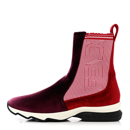 Fendi Velvet Stretch Logo High Top Sneakers 38.5 Red 1 of 8