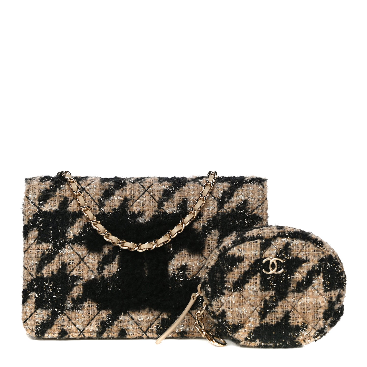 Tweed Shearling Quilted Chanel Wallet On Chain WOC and Coin Purse Beige Black