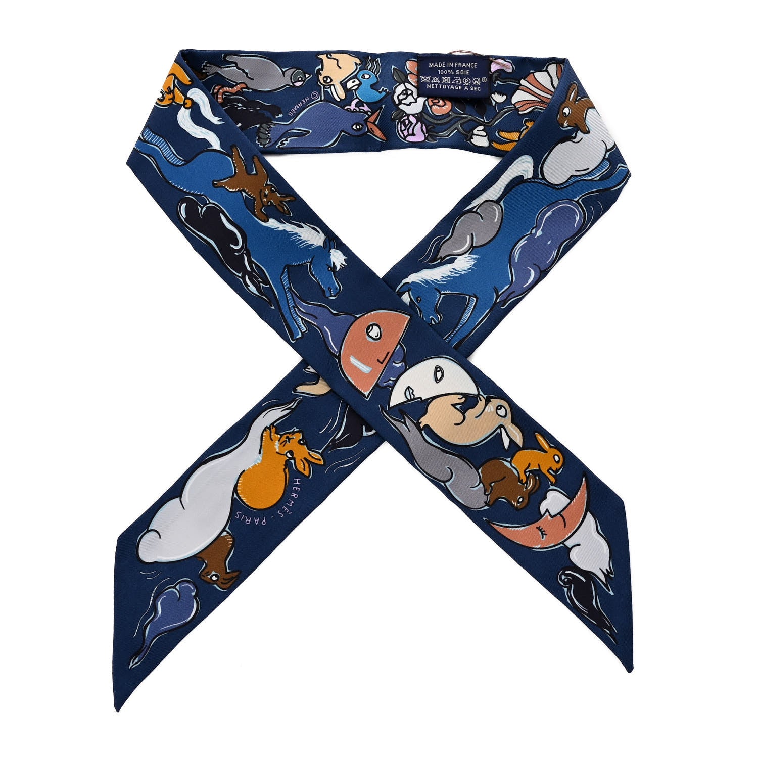 Hermes Silk Mille Et Un Lapins Twilly Marine Cobalt Miel 1 of 4