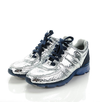 Chanel Metallic Crackled Calfskin CC Sneakers 42 Silver Black Navy 4 of 8